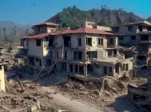 Prompt: destroyed , devastating earthquake , high resolution 8k , sad pepole , destoryed houses , Road collapse