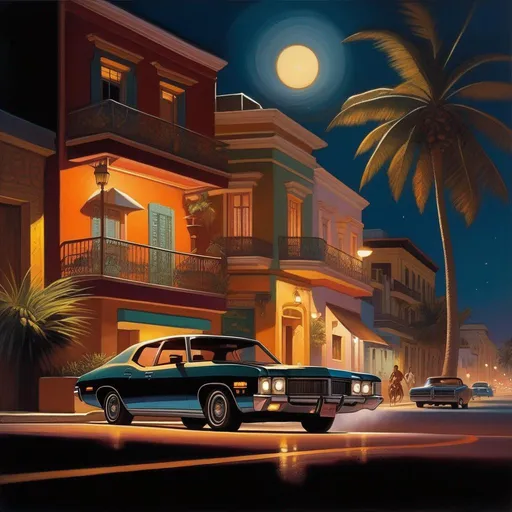 Prompt: 1970s, San Juan at night, car chase, warm atmosphere, cartoony style, extremely detailed painting by Greg Rutkowski and by Henry Justice Ford and by Steve Henderson