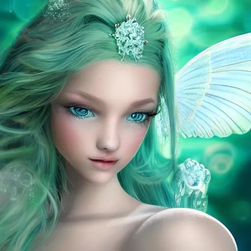 Prompt: white fairy princess  with aqua green background,closeup, hyper realistic