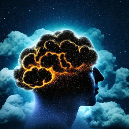 Prompt:  stardust, clouds, brain bursting from silhouette of human head.