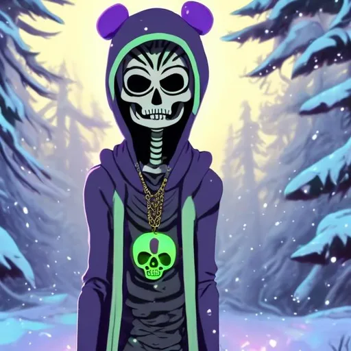 Prompt: A slim 5'9 skeleton with glowing white eyes and wearing a purple and green hoodie with a gold heart locket pendent and black fingerless gloves smiling in a snowy forest animated undertale