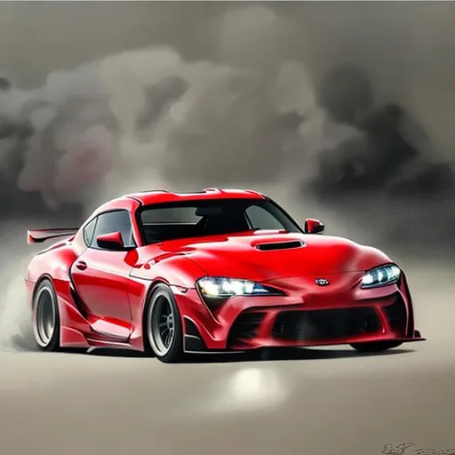 Prompt: High resolution, hyper realistic, painting of low rider Toyota Supra mk4 drifting around turn