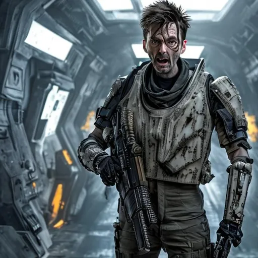 Prompt: David Tennant with a scar and eye patch and a bleached Mohawk  shouting angrily wearing an armored futuristic scifi military uniform and holding an advanced exotic shotgun in full color