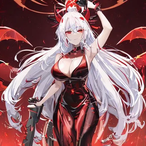 Prompt: a beautiful cute girl with white hair, and lights on her body which is light red. with black angel like wings, and fire like black clothing which is fancy. at an volcano. a red aura around her, and fluffy hair. with a fancy and glorious weapon in her hand. with her are in a cobra bun, with fancy accessories and vampire like teeth.