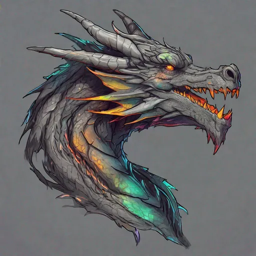 Prompt: Concept design of a dragon. Dragon head portrait. Coloring in the dragon is predominantly dark gray with subtle neon streaks and details present.