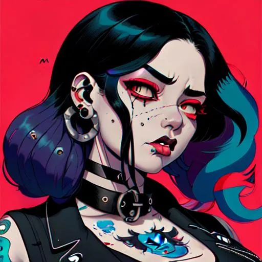 Prompt: a colorful comic noir illustration painting of a curvy, grungy girl by sachin teng and sam yang! in style of digital art, symmetry, sci fi, hyper detailed. octane render. long dark blue hair, piercings, tattoos, round face, collar, angry