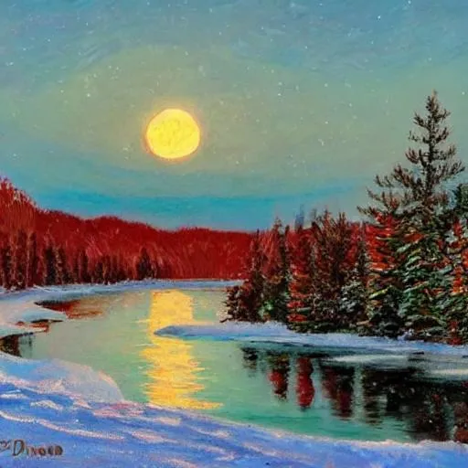 Prompt: Impressionist painting of a snowy lake under a red moon