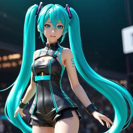 Prompt: full body shot, hatsune miku, vocaloid, twintails, aqua hair, aqua eyes, concert, singing, high quality, 4k, 8k, masterpiece, cyberpunk, outdoor, street, by Sakimichan, hyperrealism, photorealistic, 8k, unreal engine, 3d render --ar 9:16 --niji 5 --style expressive --s 400