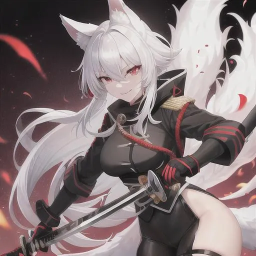 Prompt: A white haired kitsune with black eyes and red pupils, a black skintight combat uniform, a bloody katana in her hand and smile malicously at the camera.