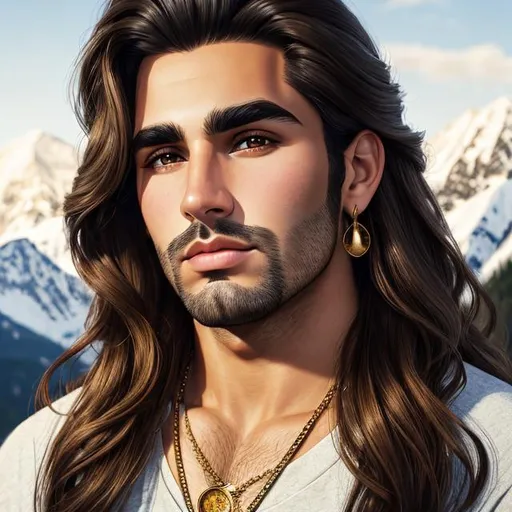 Prompt: man, brown middle part hair, medium long hair, brown eyes, thick black eyebrows, juicy lips, beautiful nose, oval face, golden earring left side ear, mountain background, detailed face portrait, realism, 4k, HD