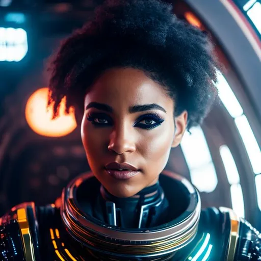 Prompt: Photo of a sweaty biracial woman on a space ship with an eyepatch, wearing a cyber punk suit, short hair, realistic 4K, extremely detailed, beautiful masterpiece defined take mascara, beautiful eyeliner