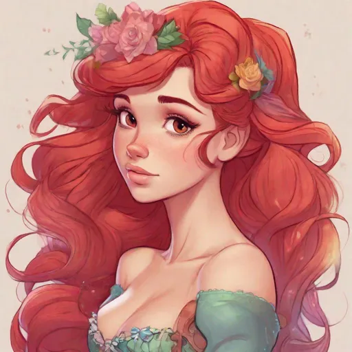 Prompt: Vivid, detailed, Disney art style, full body, Ariel Disney Princess, Hair part on left side, full body, cute, blow