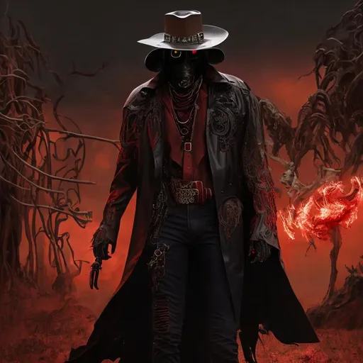 Prompt: Cyber Cowboy with 4 Arms, fiery red Poncho, Dressed in black duster and Stetson Cowboy Hat, with Red Sunglasses, Haunting Presence, Intricately Detailed, Hyperdetailed, Desert Wild West Landscape, Dusty Midnight Lighting, Wild West Feel