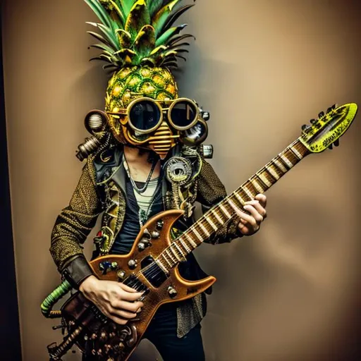 Prompt: Steampunk pineapple head playing electric guitar 