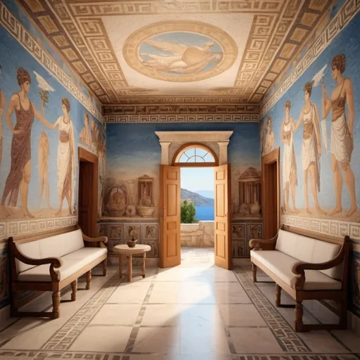 Prompt: (ancient greek house interior), (Greek style paintings) on the walls, atmospheric background with vivid mosaics,  intricate detailing, rich textures,(4K ultra-detailed), evoking a sense of beauty, antiquity, and splendor, serene ambiance, historical elegance, lavish design.