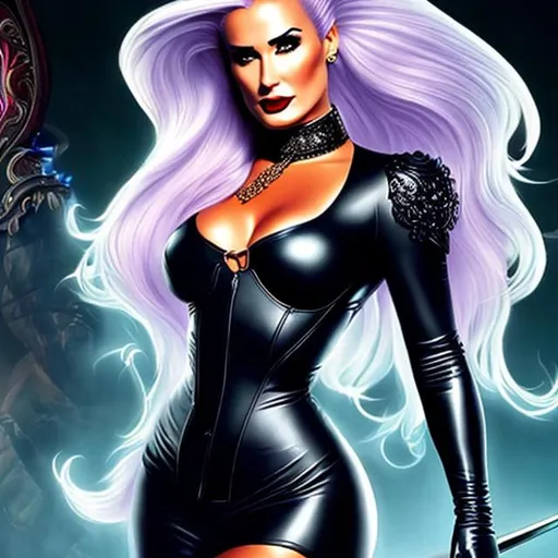 Prompt: DEMI MOORE, Full body pinup of attractive vampire woman, tattoo, FANTASY ART, blonde hair, silver outfit, David LaChapelle STYLE
