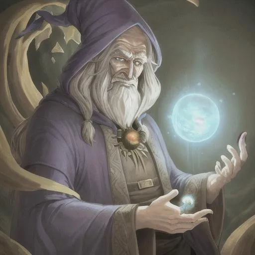 Prompt: A old human wizard pondering his orb