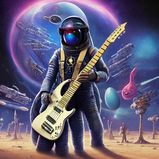 Prompt: Assyrian Astronaut playing a double-necked Guitar for spare change in a busy alien mall, widescreen, infinity vanishing point, galaxy background, surprise easter egg