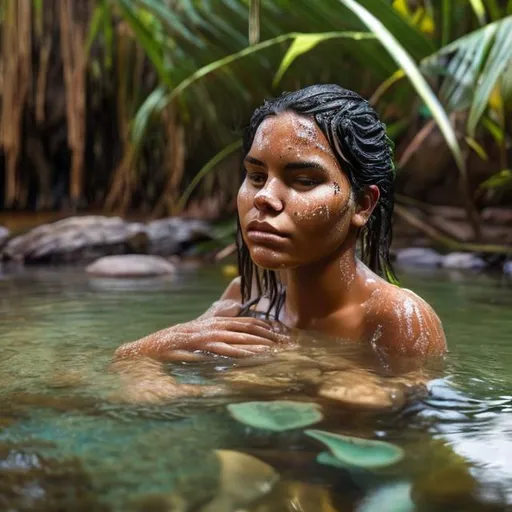 a young aboriginal woman who is taking a bath in a s