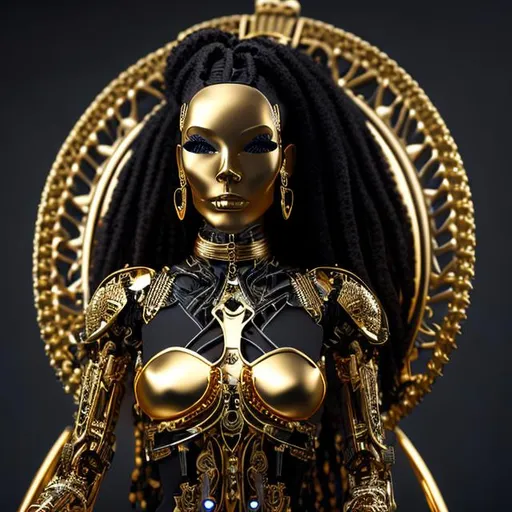 Prompt: Attractive Cyborg Woman, long hair {dreadlocks}, body suit {Skeleton}. gold mask, 60s pillbox hat. a black cape, sitting on a fancy chair, highly detailed, masterpiece. realistic proportions, correct proportions, anatomically correct hands.