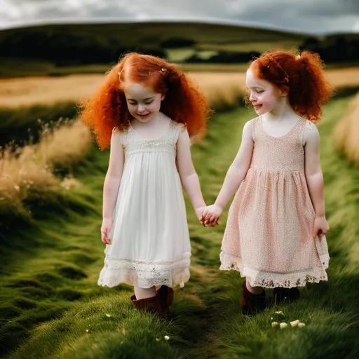 Prompt: Two girls, red hair, long and curly, pale skin, freckes,18th century aesthetic, scotland farm landscape