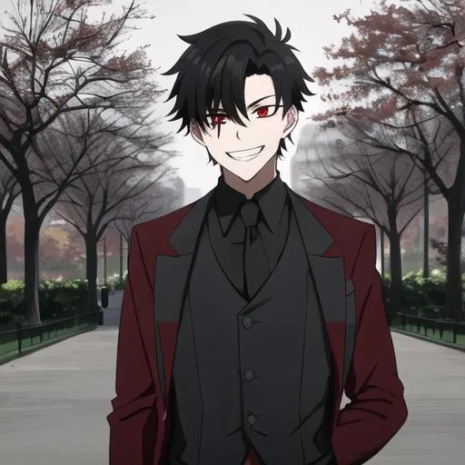 Prompt: Damien (male, short black hair, red eyes) in the park at night, grinning sadistically