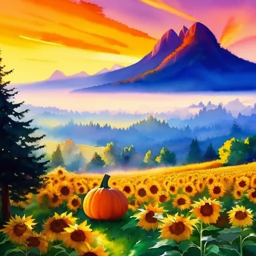 Prompt: (masterpiece, best quality:1.2), A watercolor painting/oil painting. Beautiful space, wildly exaggerated vivid colors, A spooky pumpkin in a pumpkin patch, field of sunflowers, during a golden sunrise over a green field on a misty morning. 
mountain in the background. (Good Light Effect) (sharp detailed) (cinematic shot). by Nintendo, by Studio Ghibli.