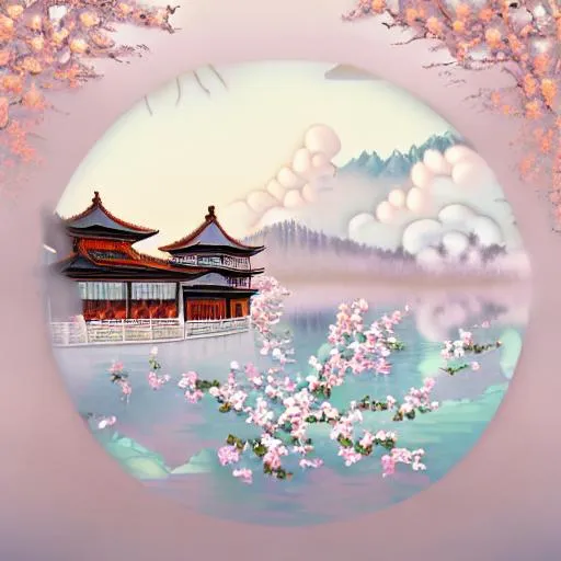 Prompt: Multi - dimensional paper kirigami craft, paper illustration, a beautiful painting of a Chinese palace scene, an endless peach blossom pool thousands of feet deep, many many peach trees and peach blossoms cover the entire crystal clear lake, clouds and mist, pink clouds Floating in the sky, above super wide angle, Thomas Kinkade, dreamy, 4K, romantic, trending on Artstation, colorful vanilla oil, quilling