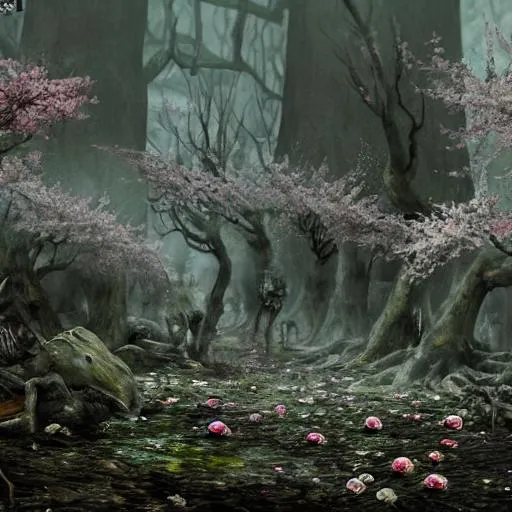 Prompt: a highly detailed empty filled with death and rot battlefield, heavy mist, cherry blossoms floating on the wind, smoke burning bodies, blood, flowers, zombies, ghouls, shadows, rain, storming, dead bodies scattered around, rot, dark color scheme