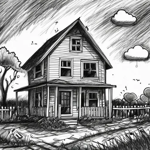 Prompt: The child looked at his drawing scratching his head. What happened? It was a happy little house and now it was getting messed up from the inside and outside. This was becoming a horror story but it wasn’t in his style to leave the things like so. So he got his eraser and started deleting the storm.