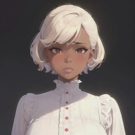 Prompt: (masterpiece, illustration, best quality:1.2), brown skin, flustered face, detailed eyes, Victorian style, pixie hairstyle, white hair, devilish like white eyes, wearing white nightgown, best quality face, best quality, best quality skin, best quality eyes, best quality lips, ultra-detailed eyes, ultra-detailed hair, ultra-detailed, illustration, colorful, soft glow, 1 girl