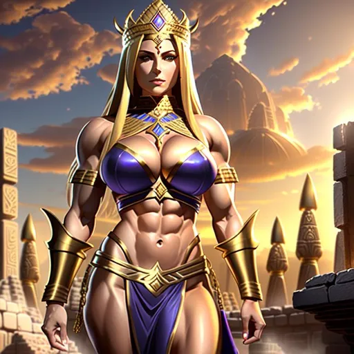 Prompt: {{{{the highest quality concept art masterpiece full body view}}}}, 
((big breast))
((fate stay night gilgamesh female))
(fit muscular female bodybuilder body))
((ancient city of Uruk Sumerian Background))((full body))
portrait, Insanely detailed photograph of an elaborate and enigmatic hyperdetailed female Sumerian queen of uruk wearing a golden armor and a crown with deep cleavage casting enuma elish ((fate stay night gilgamesh))”, realistic, cinematic, intricate and hyperdetailed, fantasy art, album cover art, 3D soft lighting, features