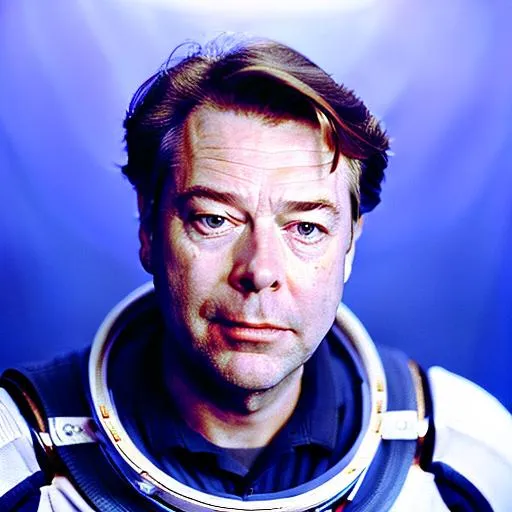 Prompt: Roger Allam is a futuristic civil servant dressed in a Space-1999-inspired business suit on a space station. photorealistic, accurate face
