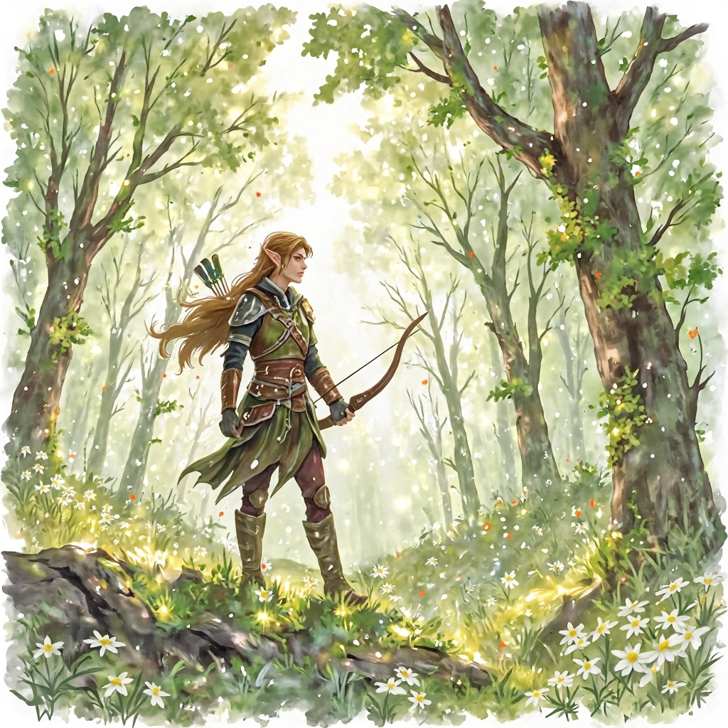 Elf ranger in a mystical forest around sunlight