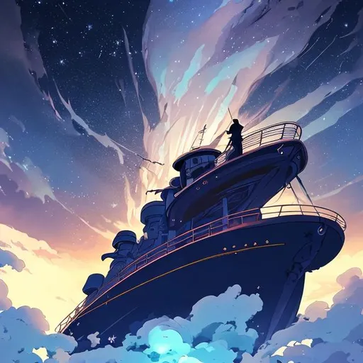 Prompt: Design a stunning anime illustration showcasing Kai at the helm of the ship during a serene, starlit night. The night sky sparkles with stars and constellations, casting a gentle glow on Kai's face and highlighting the tranquil beauty of the moment.