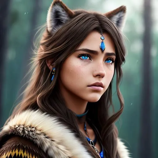 Prompt: 
 Teenage native wolf Hybrid Head girl, wild brown hair, as feather end boss with Blue Glossy eyes) 
, dramatic, cinematic lighting, caustic, walking in tribal dacian illiric village, ethereal, royal vibe, highly detailed, digital painting, Trending on artstation , HD quality, artgerm, tan skin, by Lawrence Ciortan