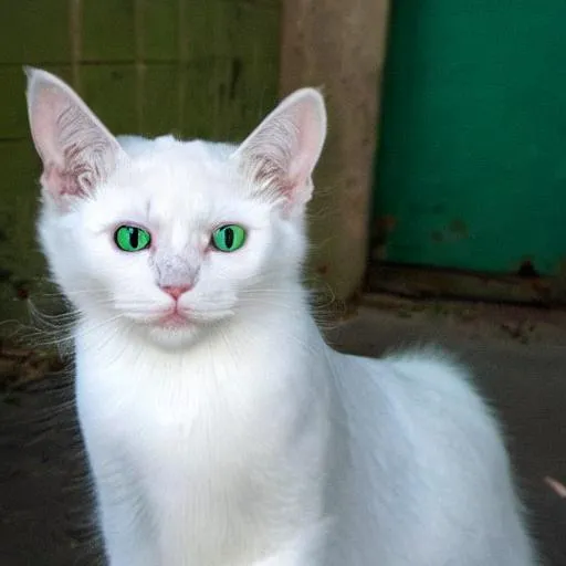 Prompt: White cat with green eyes abandoned at a city