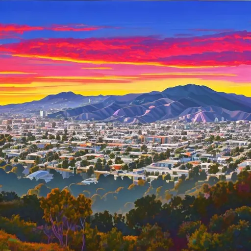 Prompt: Painting of silverlake hills, Los Angeles at sunset 