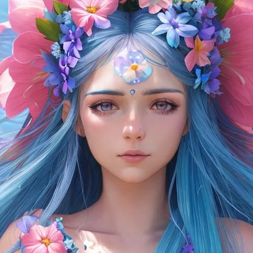 faity goddess of summer,pink and blue flowers in her... | OpenArt