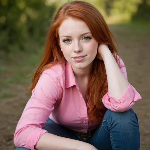 Prompt: Very beautiful red head  Girl She is wearing a pink shirt. Jeans and cowboy boots