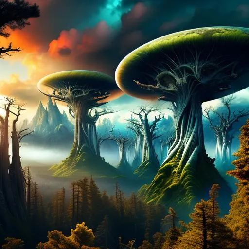 Prompt: long shot scenic professional photograph of an alien forest, perfect viewpoint, highly detailed, wide-angle lens, hyper realistic, with dramatic sky, polarizing filter, natural lighting, vivid colors, everything in sharp focus, HDR, UHD, 4k