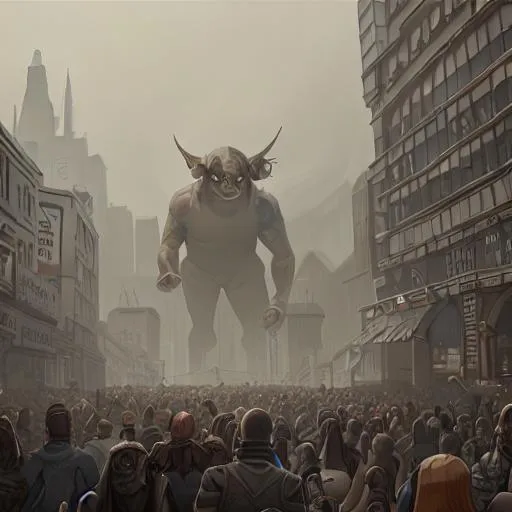 Prompt: Large dystopian building. Cobblestone street. Crowd of people walking. A large demon in the crowd