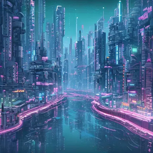 Prompt: cyberpunk city with river and coast