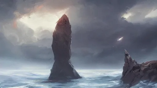 Prompt: fantasy concept art by greg rutkowski of a single solitary  mysterious monolith rising up from the ocean in the distance, Nur, gestural oil painting style, backlit, cinematographic morning light, artstation hq, 