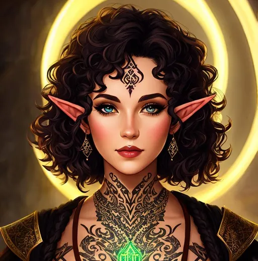 Prompt: dnd, portrait, female, elf, short curly hair, adventure, glowing tattoos on face