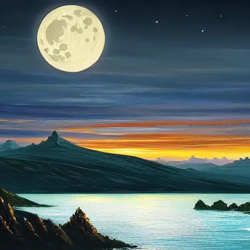 Prompt: a beautiful oil painting of a view of view of the horizon at night with the moon, D&D, fantasy, highly detailed, digital painting, artstation, smooth, sharp focus, illustration, art  4K 8K