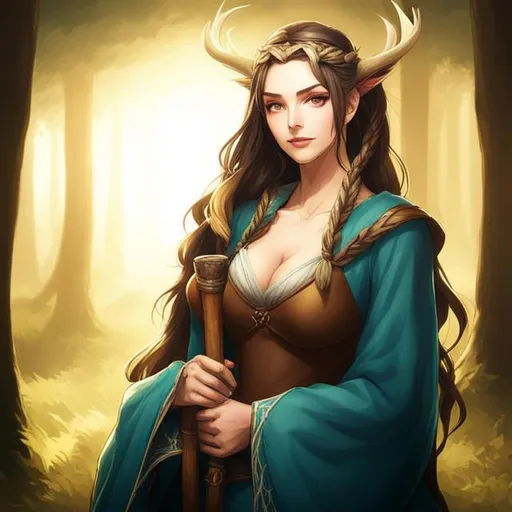 Prompt: {{{masterpiece}}}, 4K, wide hips, a farmer's wife, full body, faun ears, motherly side plait, deer antlers, traditional anime, D&D, perfect face, High Quality, HD, hands resting on cane, Viking outfit, 