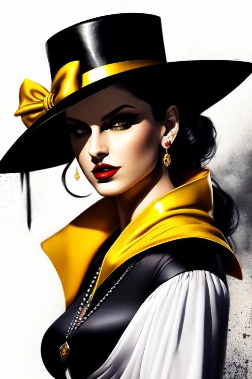 Prompt: Insanely villain Alsina Dimitrescu is nine feet tall, with black hair, yellow eyes, pale white skin and dark red lipstick, in very long white flowing dress and a pair of black gloves, large black wide brimmed hat, several pearl necklaces, darkfantasy, bathorycore, in the style of game Resident evil