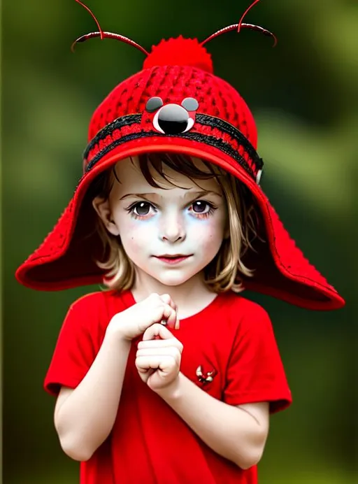 Prompt: child with red bug hat