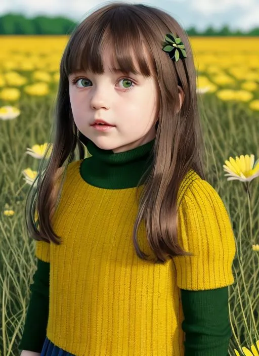 Prompt: Portrait of a little girl with dark brown shoulder length hair and bangs with cute face, wearing green turtleneck with two yellow stripes, yellow flower field and bight blue sky in the background, perfect composition, hyperrealistic, super detailed, 8k, high quality, trending art, trending on artstation, sharp focus, studio photo, intricate details, highly detailed, anime